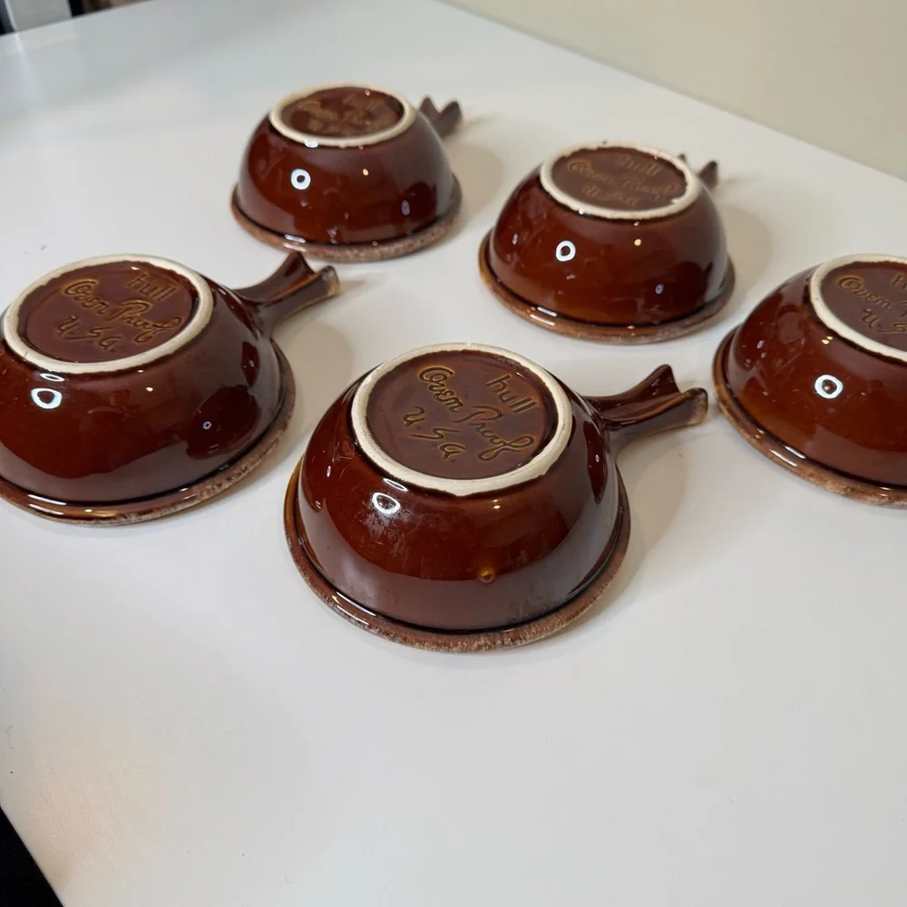 HULL BROWN DRIP BOWLS Soup Handle USA Mid Century Vtg lot of 5